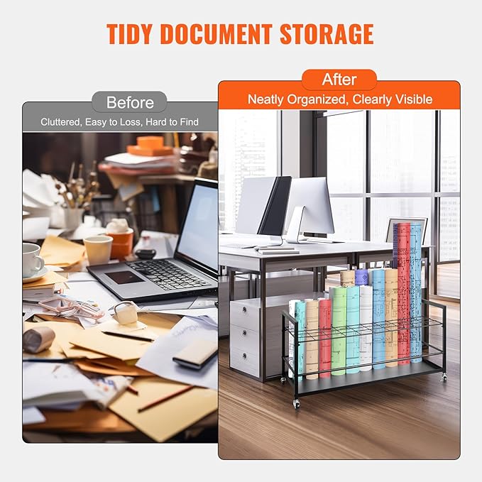 VEVOR Blueprint Storage Rack, 50 Slots Blueprint Holder with Wheels, Mobile Metal Blueprint Storage Cart for Construction Plan Map Poster Architectural, Roll File Holder for Home, Office, School