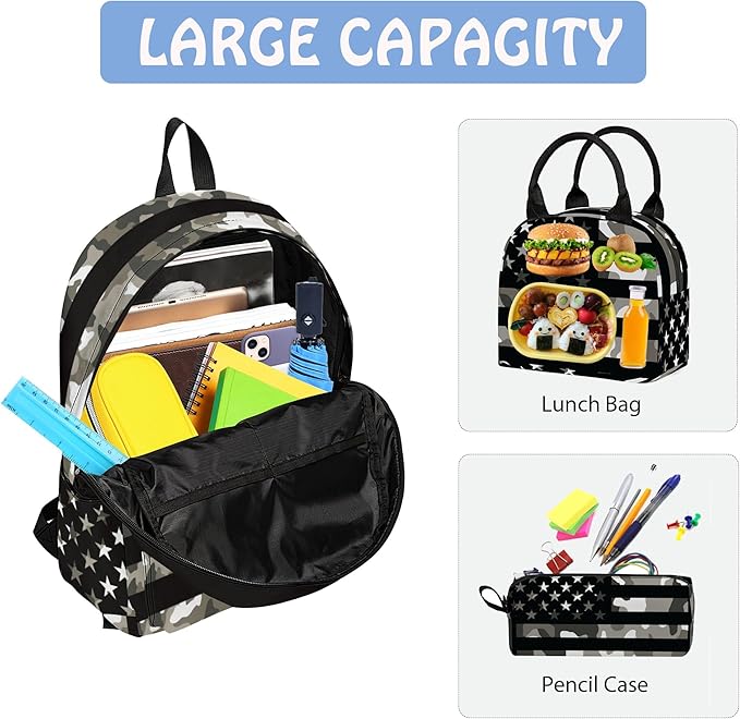 Flag 3PCS Backpack Set for Teens Elementary Middle High School, 17 Inch Lightweight Classic Bookpack 3 in 1 Set for Girls Boys, Kids Back to School Backpack with Lunch Box Pencil Case