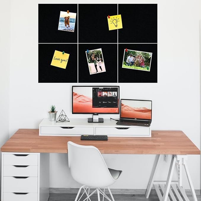 Square Felt Cork Bulletin Board Tiles, Self Adhesive DIY Felt Pin Board for Wall 30" x 20" with 35 Pushpins for Office School Home Wall Decor Stickers Memos Photos Display (Black)