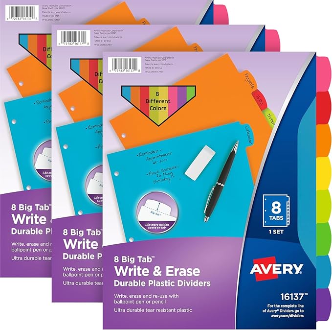 Avery Write & Erase 8 Tabs Plastic Divider for 3 Ring Binders, 3 Sets (8 Colors)