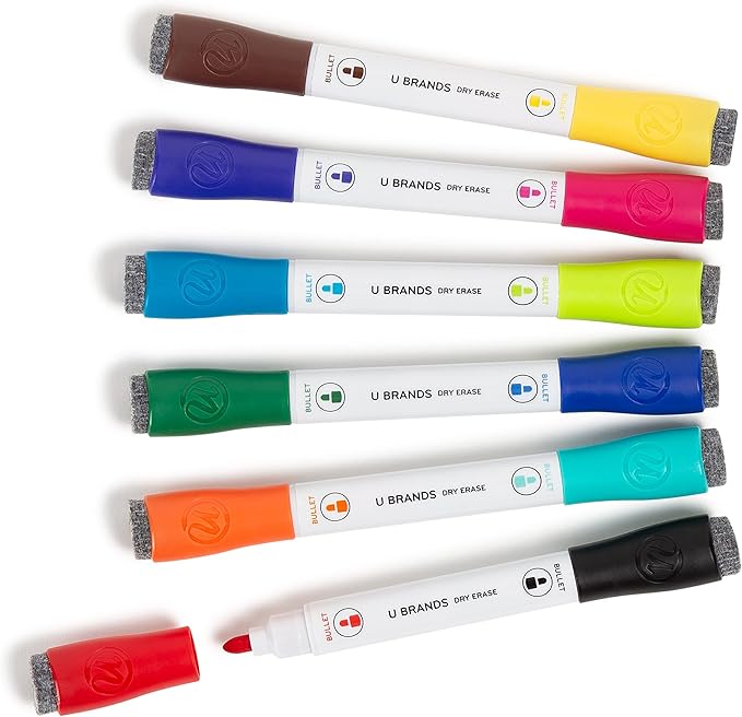 U Brands Fine Tip Dry Erase Markers with Eraser, Magnetic Double-Ended Whiteboard Markers, Low Odor, Assorted Bright Colors, Set of 12