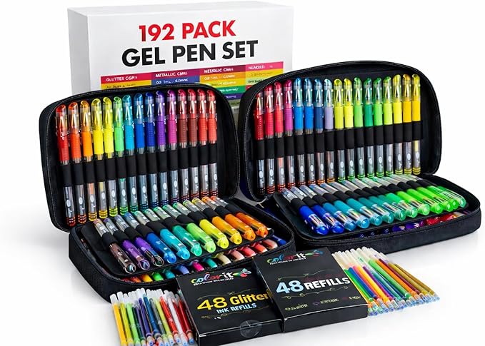 ColorIt Gel Pens Set for Coloring – 192 Pack with 12 Metallic, 12 Neon, 72 Glitter Gel Pens - 96 Refills & 2 Travel Cases - Vibrant Colors for Journaling, Writing, Coloring Books, & Creative Projects