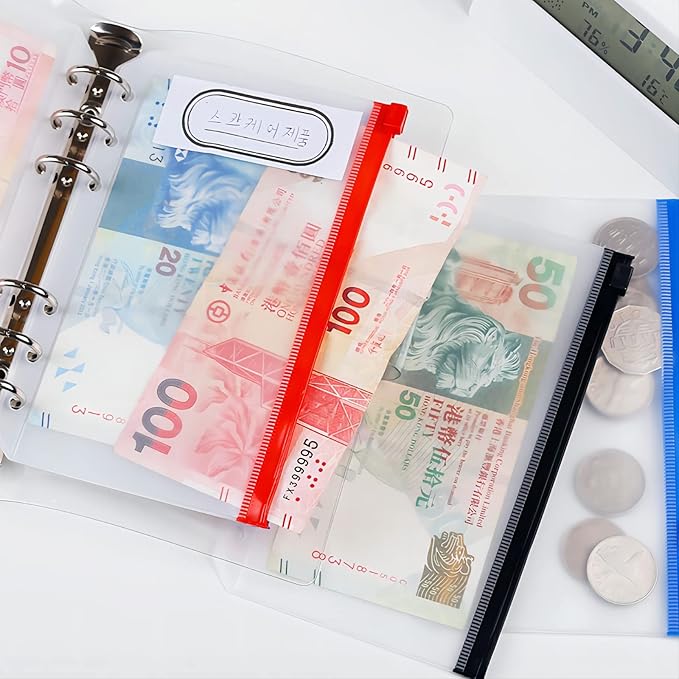 60pcs Binder Pockets 6 Holes Zipper Folders Clear PVC Card Loose Leaf Bags Cash Envelopes for Budgeting Binder Waterproof Document Filing Bags for 6 Ring Notebook Planner Inserts