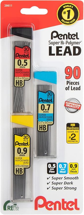 Pentel Super Hi-Polymer Mechanical Pencil Lead Refill - 0.5mm, 0.7mm, 0.9mm - 90 Lead refills (30 of Each Size)