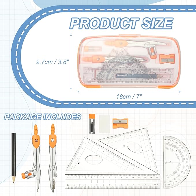 PATIKIL Geometry Precision Tool Set, 11 Pcs Geometry Set Compass Tool with Shatterproof Storage Box Rulers Math Compass Kit for Math Drafting Supplies, Orange(Style 1)
