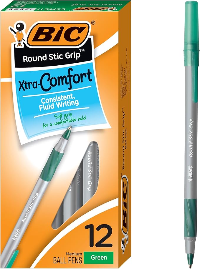 BIC Round Stic® Grip™ Xtra-Comfort Medium Ball Point Pen; Green; 12 Pack