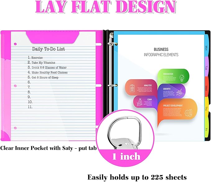 INFUN 1 Inch Telescoping Project Organizer Binder-2PCS,13 Pocket, Customizable Front Cover, 5 Colors Pocket Divider and Plastic Binder Pocket，225 Sheet Capacity-Pink