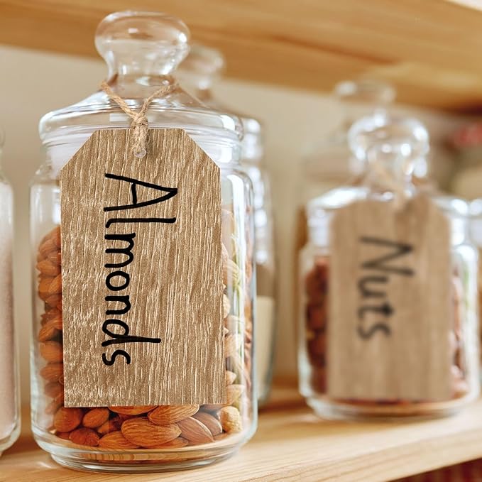 Talented Kitchen Wooden Hanging Basket Tags - Rustic Hanging Jar Labels with Strings - Tie-On Labels for Baskets in Kitchen - Wood Grain Tags for Bins - Natural Wood, Pack of 24, 4.33"x 2.5"