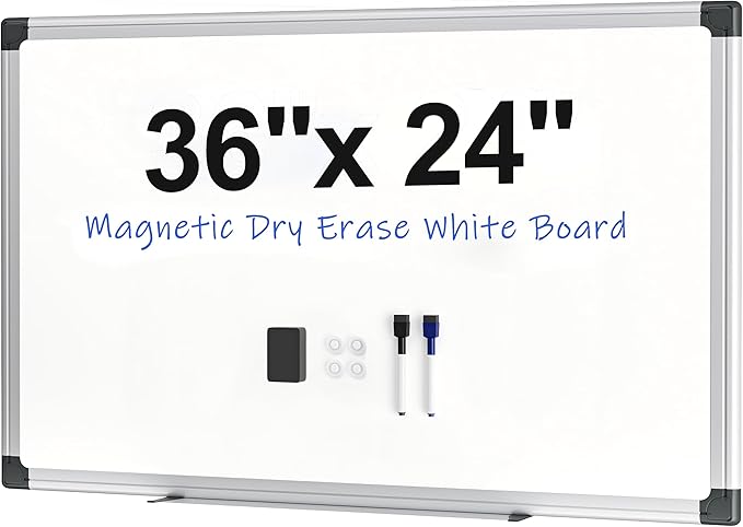 Magnetic White Board 36" x 24" for Wall, Dry Erase Board for Home Office, School, Study Room – Silver Aluminum Frame, 2 Markers, 4 Magnets, Included Eraser