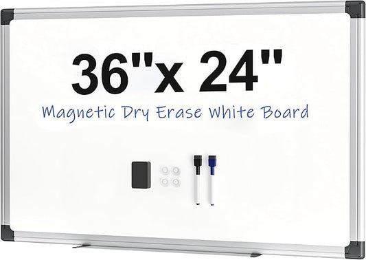Magnetic White Board 36" x 24" for Wall, Dry Erase Board for Home Office, School, Study Room – Silver Aluminum Frame, 2 Markers, 4 Magnets, Included Eraser