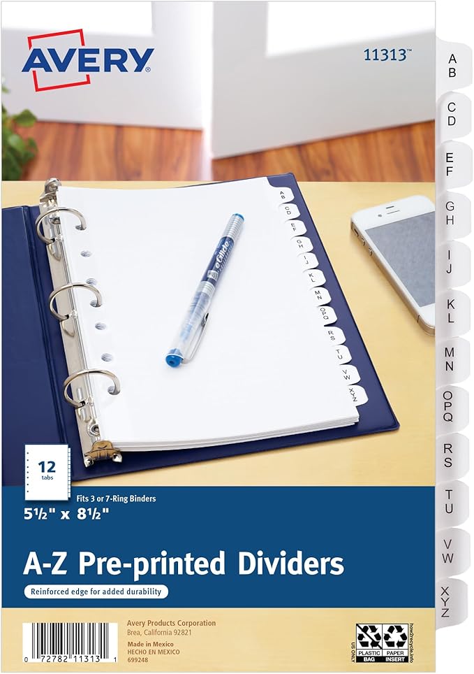 Avery A-Z Mini Dividers for 3 Ring Binders, 12 Tabs per Set, 8.5" x 5.5", Pre-Printed Tabs, 1 Binder Divider Set, Great for Organizing Notes, Projects, Schedules, and More (11313)