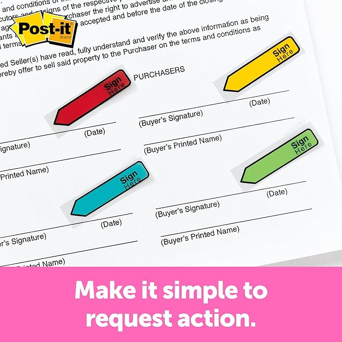 Post-it Message Flags, Sign and Date, 30/Dispenser, 4 Dispensers/Pack, .47 in Wide, Assorted Colors (684-SD)