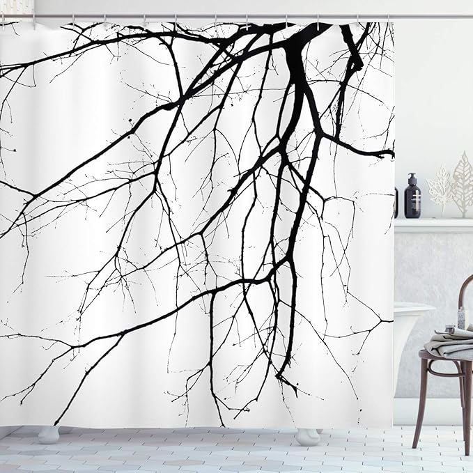 Ambesonne Black White Shower Curtain, Macro Leafless Winter Tree Branches Idyllic Twigs of Oak Nature Print, Cloth Fabric Bathroom Decor Set with Hooks, 69" W x 70" L, Black White