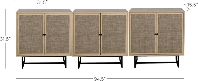 Nathan James Kova Rattan Wood Accent Sideboard Storage Cabinet TV Stand with Matte Metal Frame, Adjustable Shelves and Cane Doors, for Hallway, or Living Room, Light Oak/Cane/Black, Set of 3