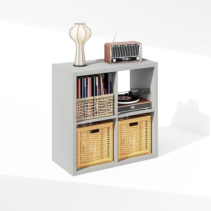 Furinno Cubicle Record Player Stand with Vinyl Storage, 4-Cube 1.2 Extra Thick Vinyl Record Storage, Open Back Media Shelf for CD DVD Blueray Game Disc, for Living Room, Home Office, Light Grey