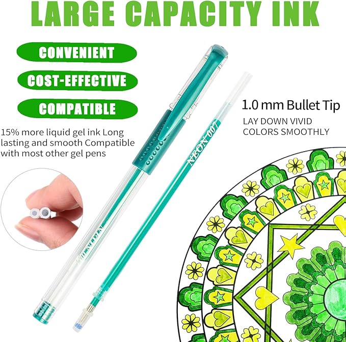 48 Pack Green Gel Pens, 24 Colored Gel Pen with 24 Refills,40% More Ink Write Smooth for Adults Coloring Books Drawing Doodling Scrapbooks Bullet Journaling