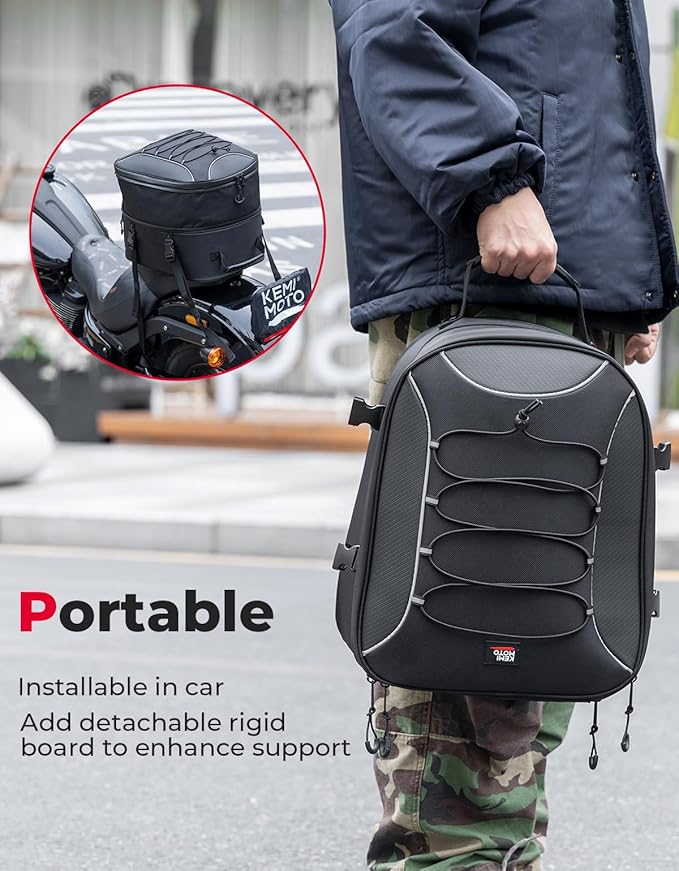 KEMIMOTO Motorcycle Tail Bag, Dual Use Motorcycle Rear Seat Bag with Waterproof Rain Cover, 25L-45L Expandable Motorbike Helmet Bag Luggage Storage Backpack