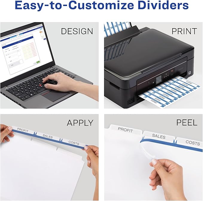 Avery 3-Tab Dividers for 3 Ring Binder, Easy Print & Apply Clear Label Strip, Index Maker Customizable White Tabs, 5 Sets (11435)