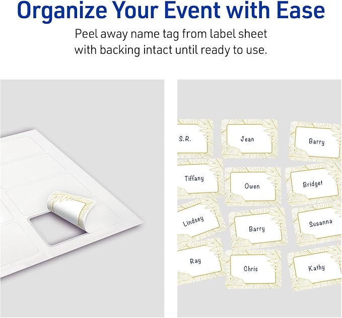 Avery Printable Rectangle Adhesive Name Badges, Pre-Printed Gold Florals, Matte White, 2-1/3" x 3-3/8", Laser & Inkjet Compatible, 80 Total, Great for Branding, Marketing, and Events