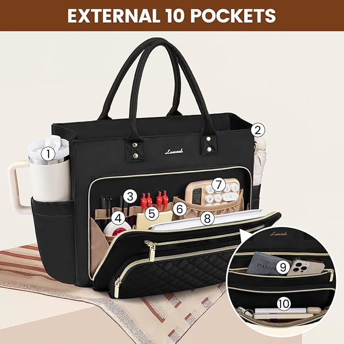 LOVEVOOK Teacher Tote Bag for Women Work, Laptop Bag Work Tote Bag Nurse Bags With Large Cup Holder, Professional Computer Briefcase Business Large Purses Handbag, Diaper Bag Mother Gift, Black