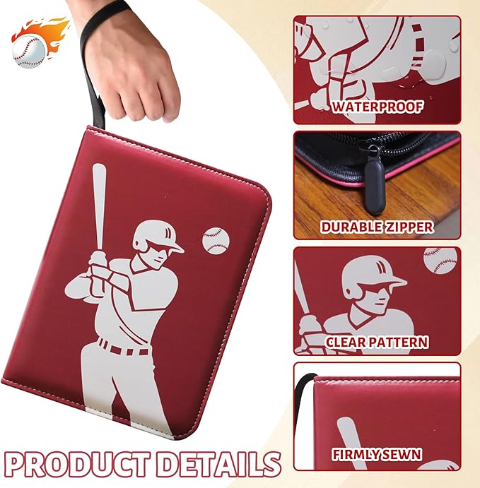Trading Card Binder 9-Pocket Baseball Design Card Album with 50 Removable Sleeves, Holds 900 Cards, Sports & Game Collectible Card Holde