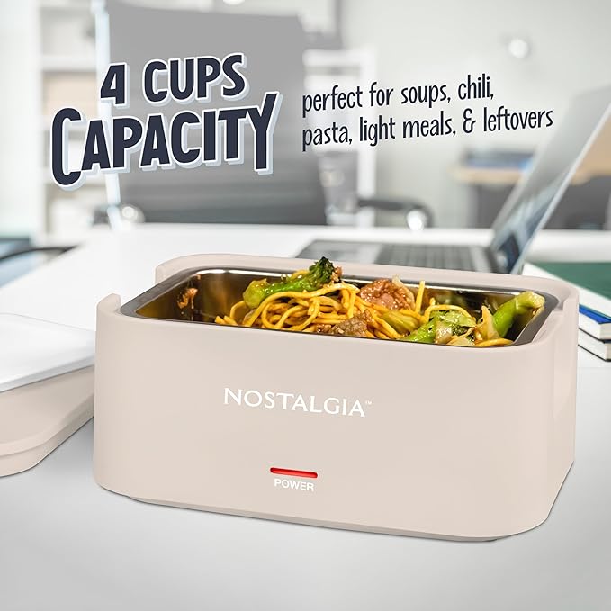 Nostalgia Portable Heated Lunch Box – 4-Cup Stainless Steel Food Warmer – Detachable Cord, Leak-Proof Lid, Carry Handle – Portable for Work & Travel – Oatmeal