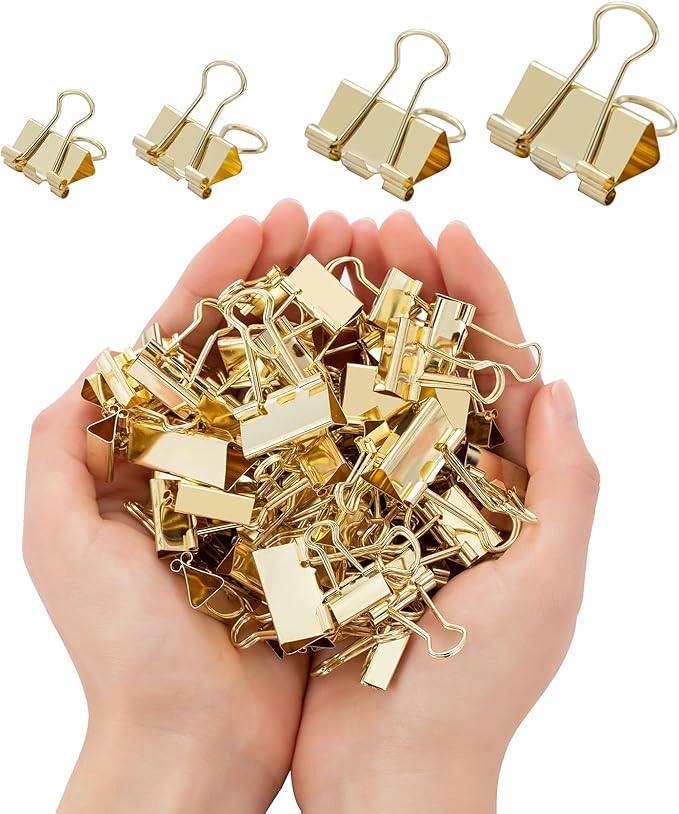 Binder Clip Paper Clamps, Assorted Sizes (Mini, Small, Medium, Large), 100 Pcs Clips for Office School Supplies (Gold)