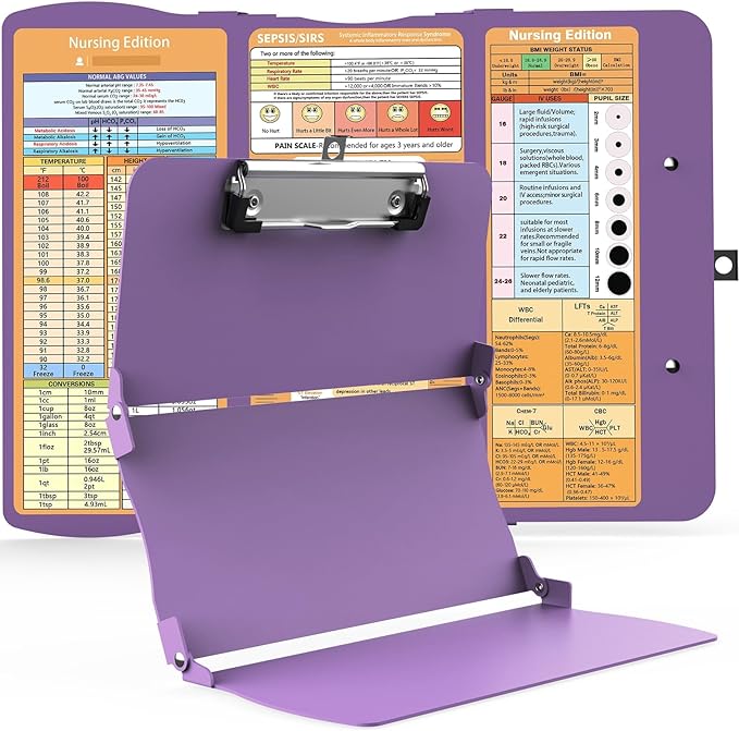 Clipboards Nursing Clipboard Trifold Foldable, 3 Layers Aluminum Nurse Clipboards with Nursing Edition Cheat Sheets Folding Pocket Size for Students, Nurses and Doctors (Purple)