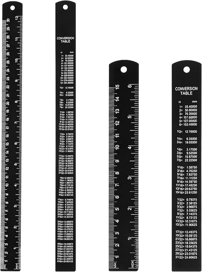 2 Pack Metal Ruler Set Dual Scale Metric Imperial Straight Edge Rule Edge-to-Edge Measuring Black Ruler with Centimeters Millimeters Inches for Home Office Drafting Geometry Crafting Drawing