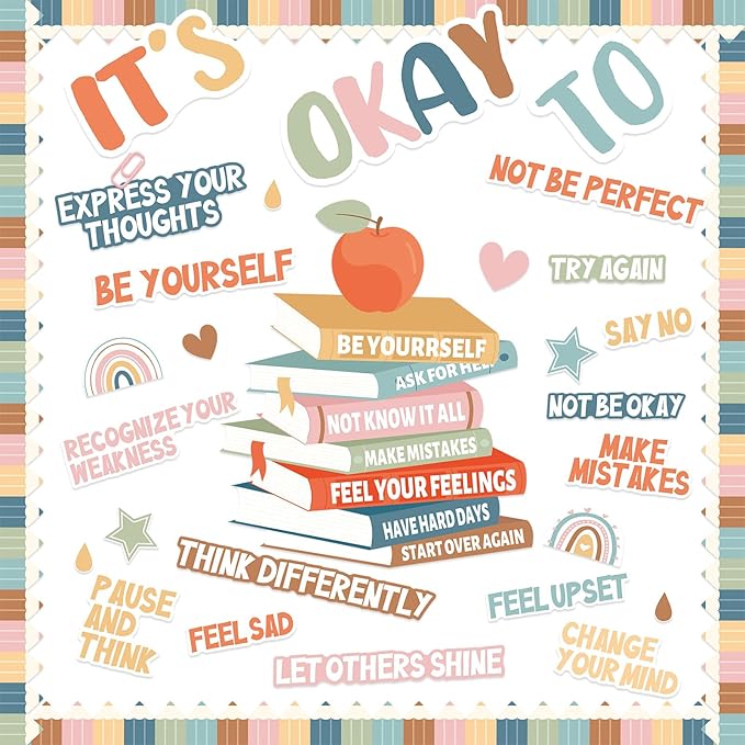 Boho Motivational Bulletin Board Set Welcome Back to School Inspirational Positive Affirmations Accents Cutouts It's OK to Mental Health Posters for School Office Home Classroom Decoration Supply