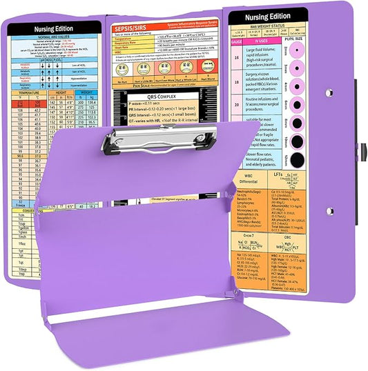 Nurse Clipboard Nursing Clipboard Foldable: Folding Clipboards with Nursing Edition Cheat Sheets 3 Layers Trifold Clip board Pocket Size Aluminum Clinical Clip boards for Nurses Students Doctor Purple