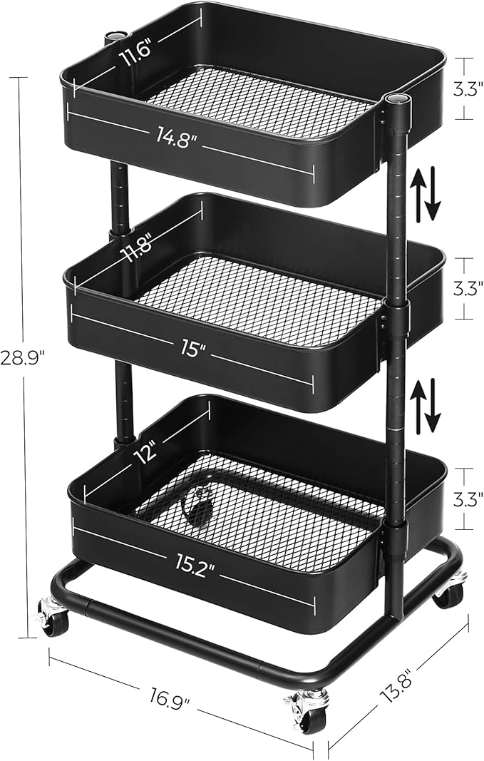 SONGMICS 3-Tier Metal Rolling Cart, Utility Cart, Kitchen Cart with Adjustable Shelves, Storage Trolley with 2 Brakes, Easy Assembly, for Kitchen, Office, Bathroom, Black UBSC60B