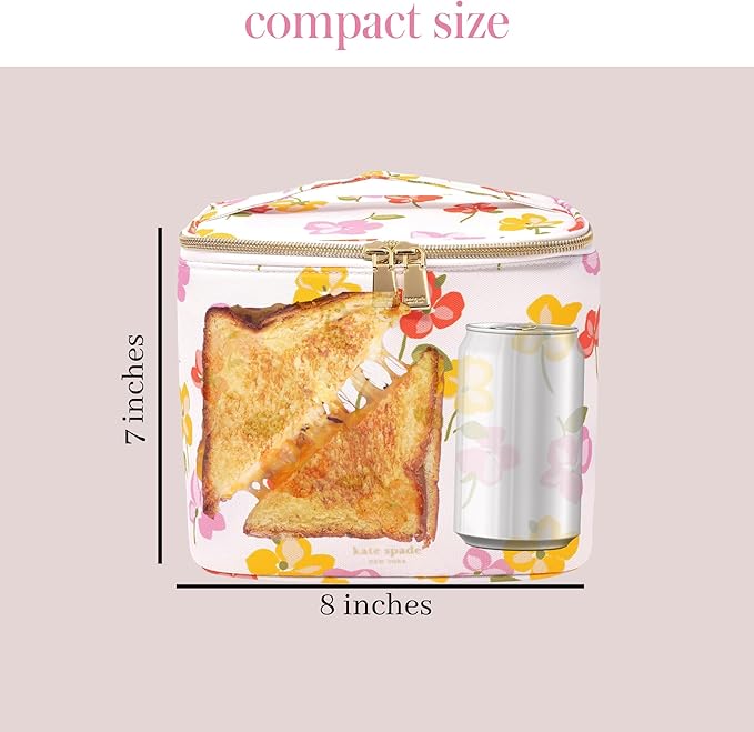 kate spade new york, Insulated Lunch Tote, Small Lunch Cooler, Cute Lunch Bag for Women, Striped Thermal Bag with Double Zipper Close and Carrying Handle (Spring Pansies)