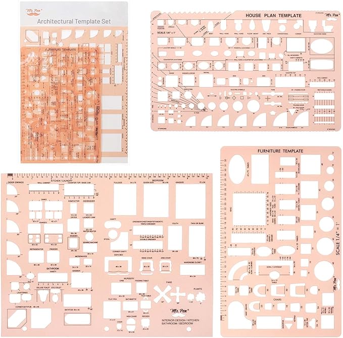Mr. Pen- House Plan, Interior Design and Furniture Templates, Drafting Tools and Ruler Shapes for Architecture - Set of 3