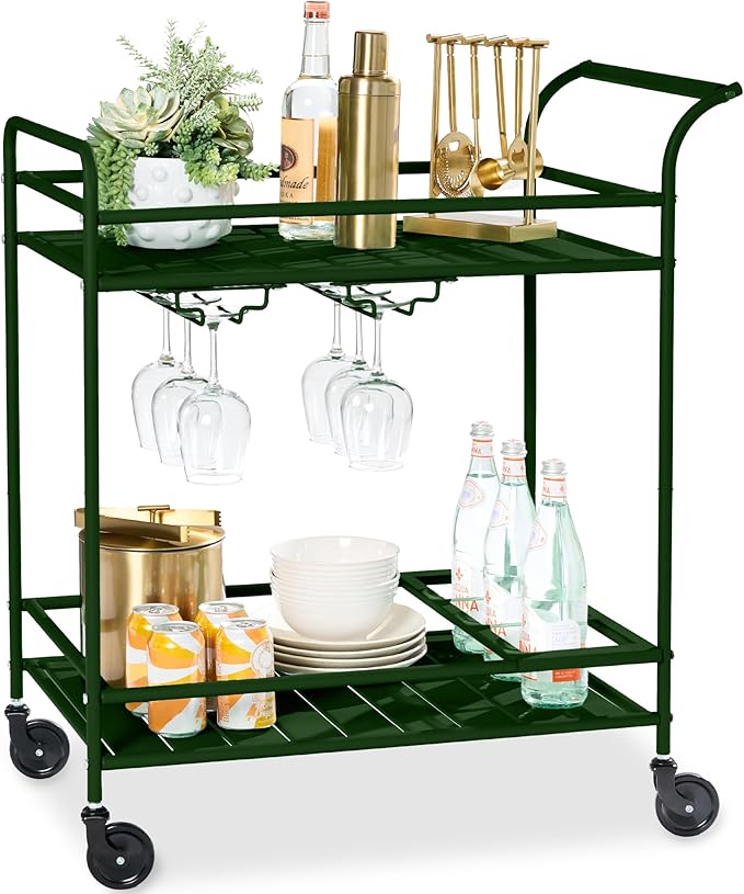 Best Choice Products Rolling Bar Cart, Mobile Home Bar Serving Cart, Serving Station w/ 2 Tier Shelves, Wine Rack, Lockable Wheels - Deep Green