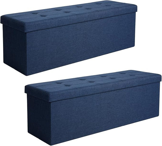 SONGMICS 43 Inches Folding Storage Ottoman Bench, Set of 2, Storage Chest, Foot Rest Stool, Bedroom Bench with Storage, Dark Blue, ULSF432Q01