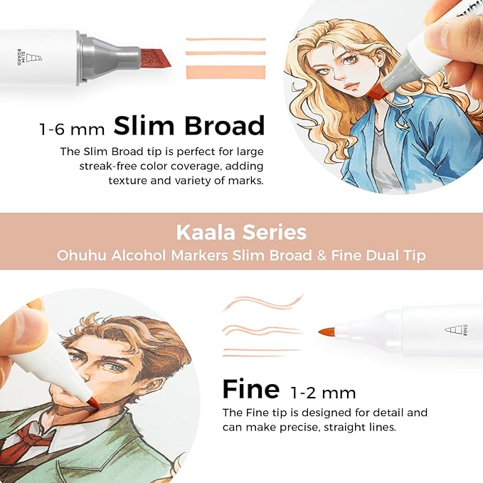 Ohuhu Alcohol Markers Skin Tone Marker Slim Broad and Fine Double Tipped Alcohol-based Marker Set for Artists Adults Coloring Professional Illustration, 24 Portrait Colors Kaala Markers Refillable