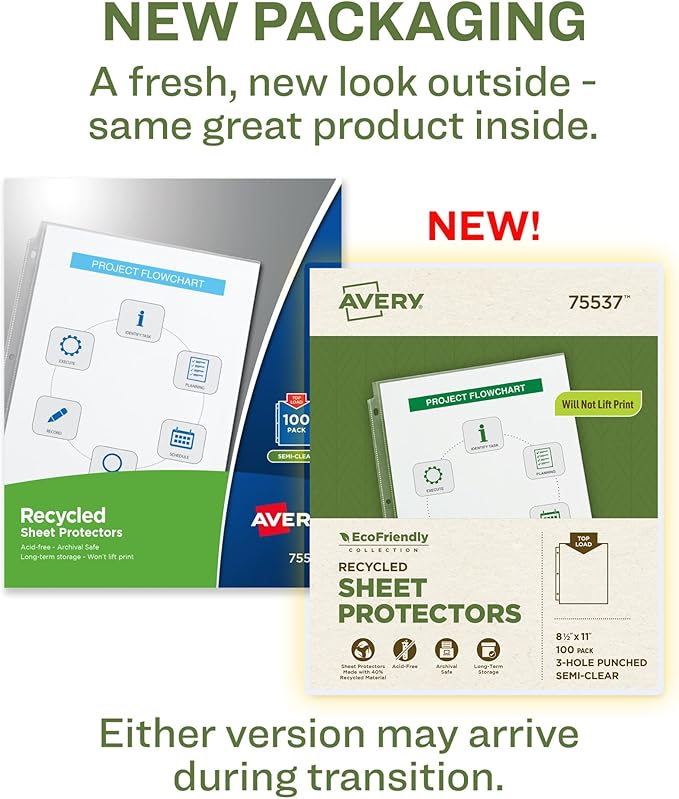 Avery EcoFriendly Recycled Economy Sheet Protectors, Semi-Clear, Top Load, 100 Document Protectors (75537)