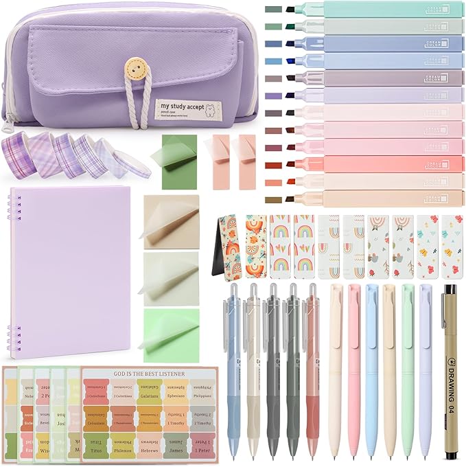 54Pcs Bible Study Supplies for Women, Bible Journaling Kit with Pencil Case, Notebook, No Bleed Highlighters and Pens, Laminated Tabs & More, Note Taking Supplies, Christian Gifts, Purple