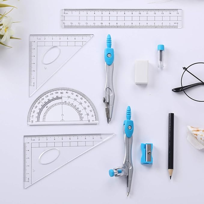 Math Geometry Kit Sets 10 Piece Student Supplies with Shatterproof Storage Box,Includes Rulers,Protractor,Compass,Eraser,Pencil Sharpener,Lead Refills,Pencil,for Drafting and Drawings（Blue）