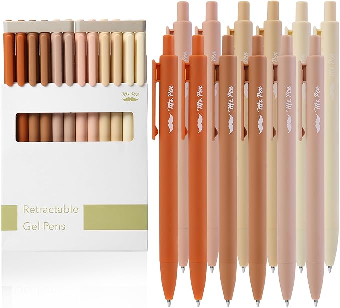 Mr. Pen- Retractable Gel Pens, 12 Pack, Black Ink, Natural Colors Barrels Gel Pens