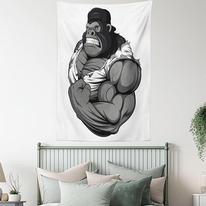 Ambesonne Cartoon Tapestry, Image of Big Gorilla Like as Professional Athlete Bodybuilding Gym Animal, Wall Hanging for Bedroom Living Room Dorm Decor, 60" X 80", Black White Grey