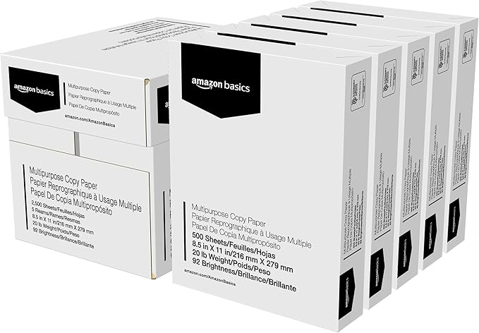 Amazon Basics Multipurpose Copy Printer Paper, 20 lb, 8.5 x 11 Inches, 5 Reams (2,500 Sheets), 92 Bright White