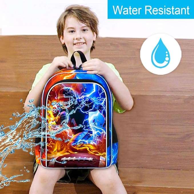 gxtvo 3PCS Rugby School Backpack for Boys, 17" Kids Bookbag with Lunch Box, Water Resistant Middle Elementary - Fire & Lightning Rugby Player