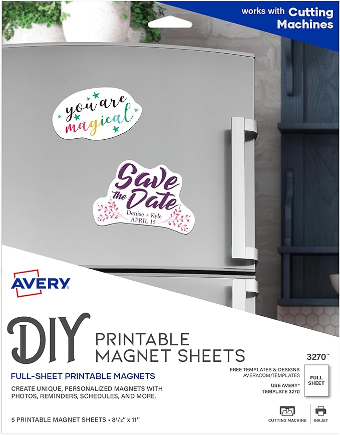 Avery Printable Magnet Sheets, 8.5" x 11", Inkjet Printer, Pack of 60 Matte White Sheets (3270)