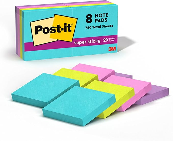 Post-it Super Sticky Notes, 8 Sticky Note Pads, 1.875 x 1.875 in., Ideal for Organization in Your Dorm, Home or Office, 2X The Sticking Power, Supernova Neons Collection