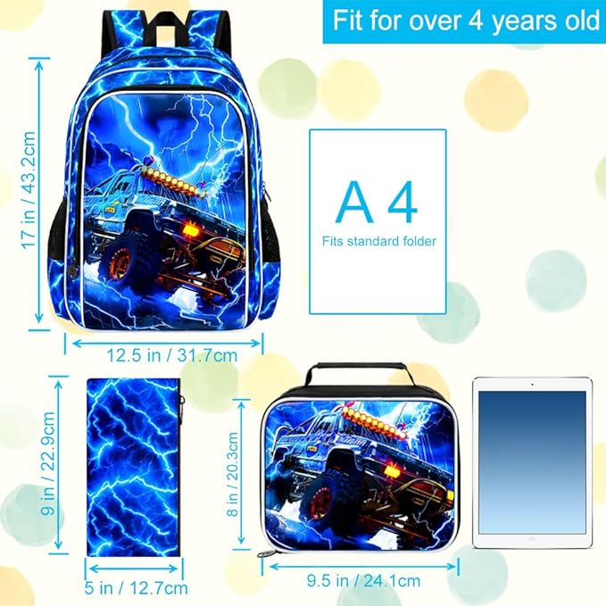 KLFVB 3PCS Kids Backpack Set, 17" Boys Truck Bookbag and Lunch Box, Water Resistant School Backpacks for Teenagers Middle Elementary - Lightning Truck