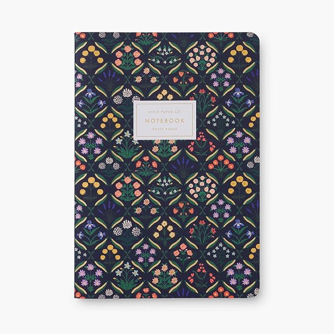 RIFLE PAPER CO. Estee Stitched Notebook Set, 8.5" L x 6" W, Set Of 3, 64 Ruled Pages With Gold Ink, Full-Color Canvas Cover With White Text Paper Interior