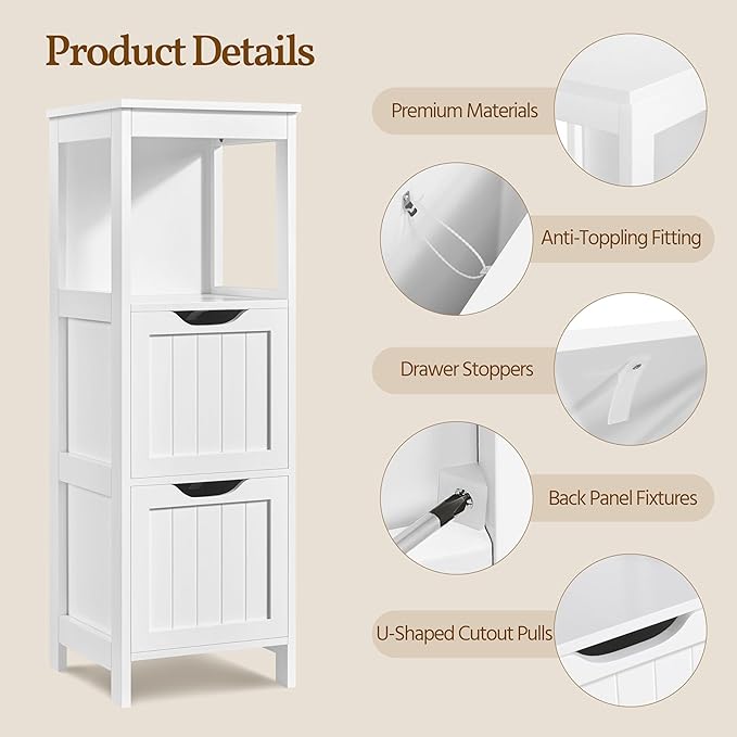Yaheetech Bathroom Floor Cabinet, Wooden Storage Cabinet with 2 Drawers, Multifunctional Side Organizer Rack Stand Table, White