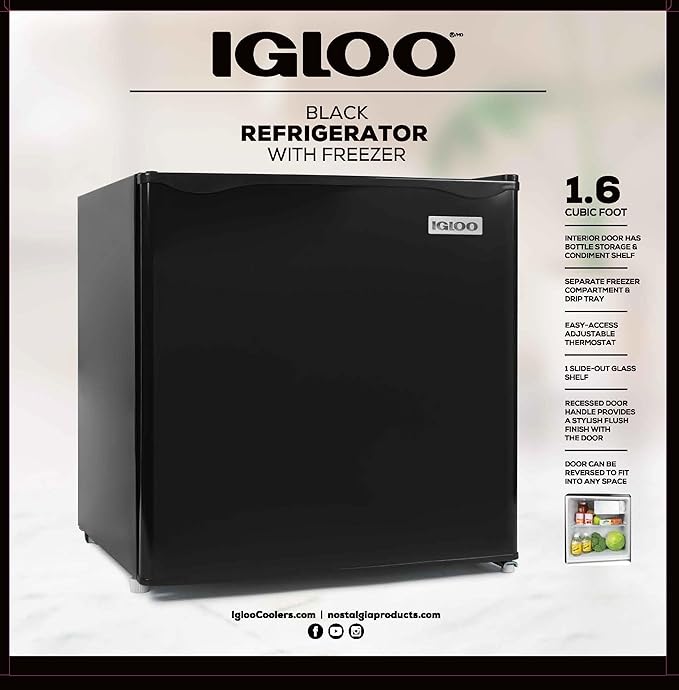 Igloo 1.6 Cu.Ft. Compact Refrigerator - Adjustable Thermostat, Glass Shelves, Includes Scraper, Ice Cube Freezer Drip Tray - Black